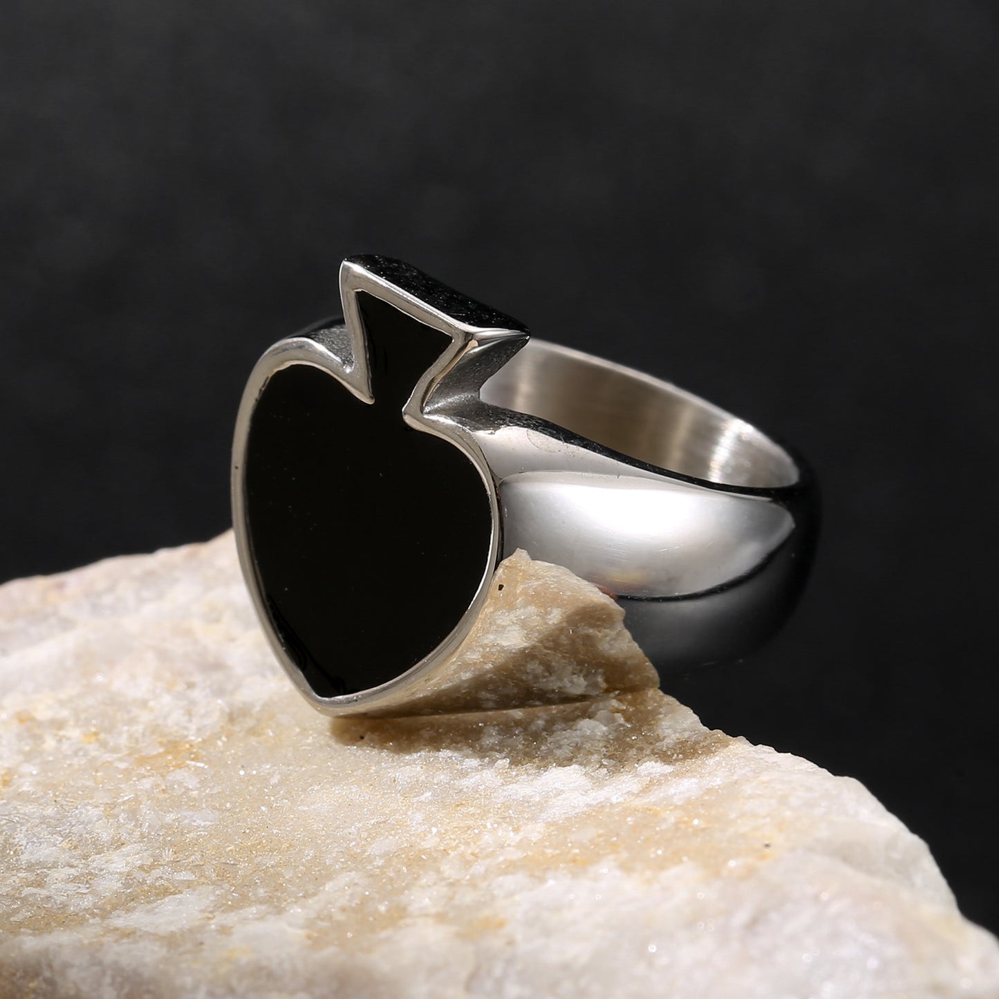 LNCHRAN Stainless Steel Black Spade Signet Ring Unisex Poker Card Statement Jewelry