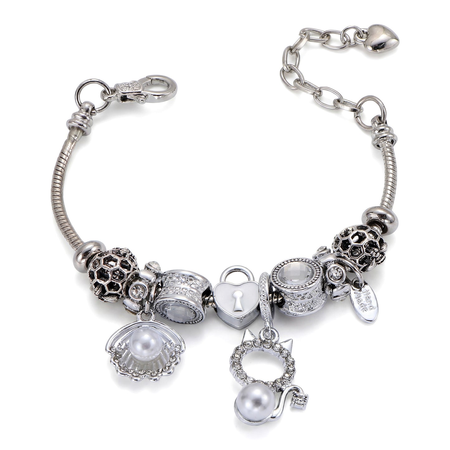 LNCHRAN Silvery Plated Charm Bracelet with Shell Cat & Lock Synthetic Pearl & Zircon