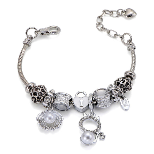 LNCHRAN Silvery Plated Charm Bracelet with Shell Cat & Lock Synthetic Pearl & Zircon