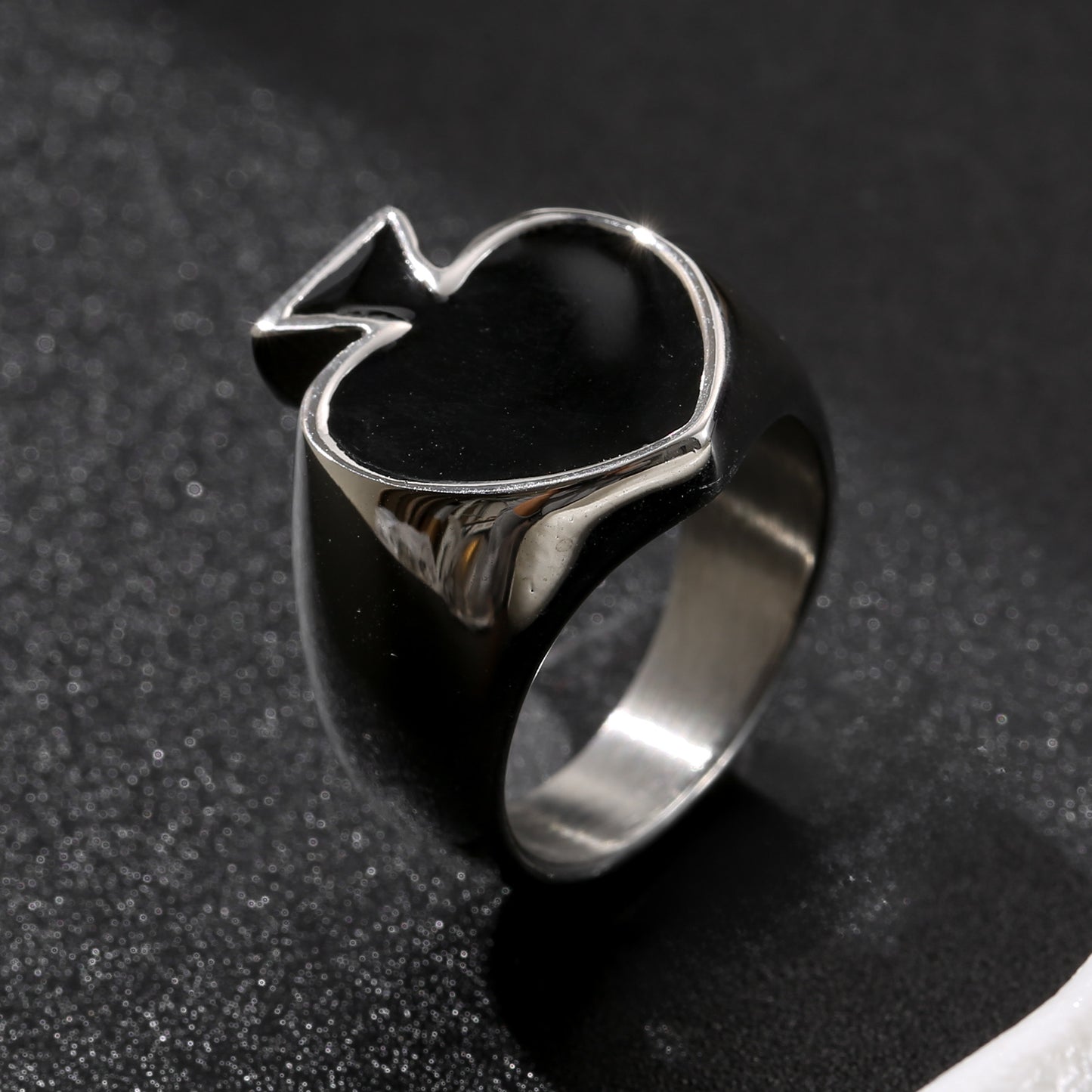 LNCHRAN Stainless Steel Black Spade Signet Ring Unisex Poker Card Statement Jewelry