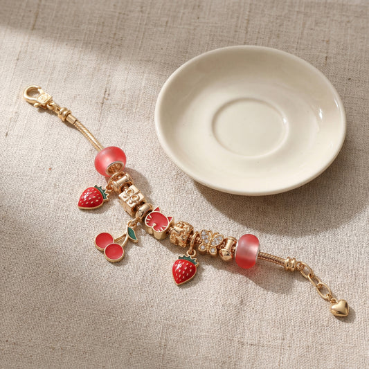 LNCHRAN Golden Plated Charm Bracelet with Strawberry Cherry & Cat Enamel Beads