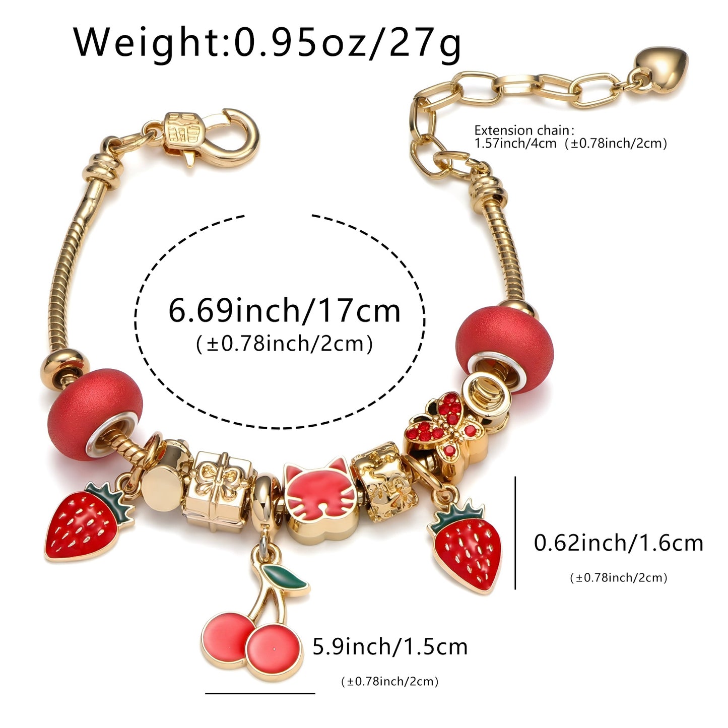 LNCHRAN Golden Plated Charm Bracelet with Strawberry Cherry & Cat Enamel Beads