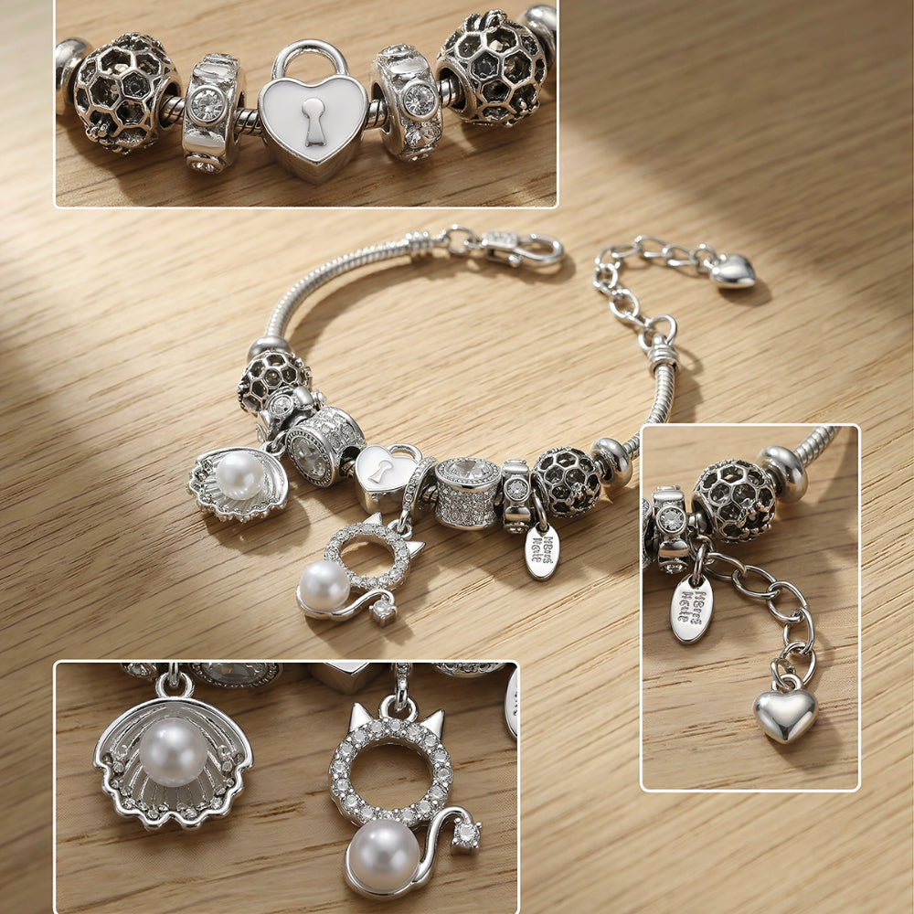 LNCHRAN Silvery Plated Charm Bracelet with Shell Cat & Lock Synthetic Pearl & Zircon
