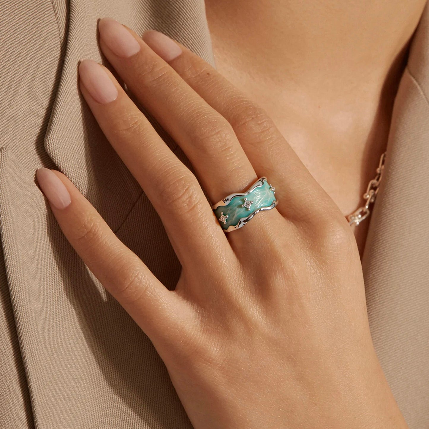 LNCHRAN Irregular Enamel Open Ring with Synthetic Zircon Inlay Unisex Jewelry
