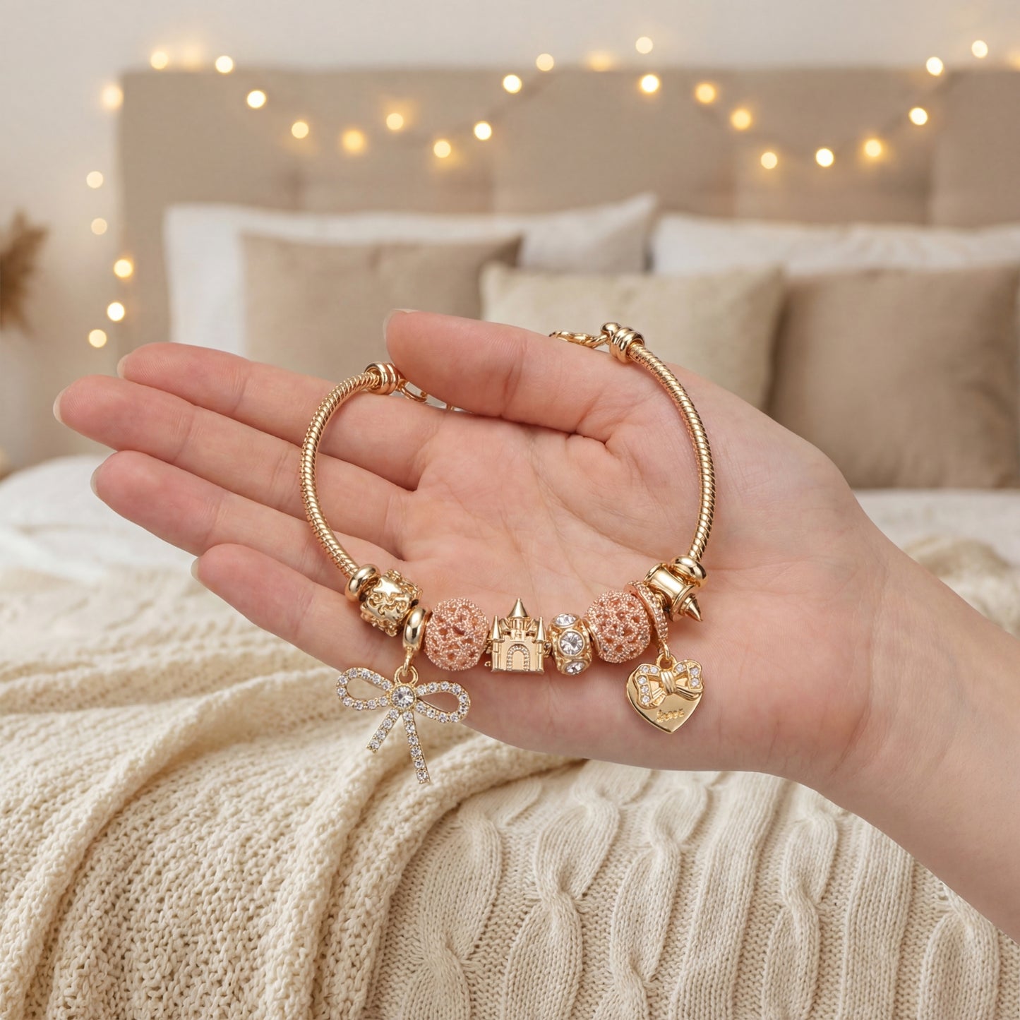 LNCHRAN Golden Plated Fairytale Charm Bracelet with Castle Bow & Heart Synthetic Zircon