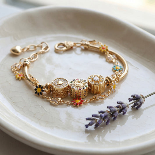LNCHRAN Golden Plated Daisy & Butterfly Charm Bracelet with Colorful Enamel & Zircon