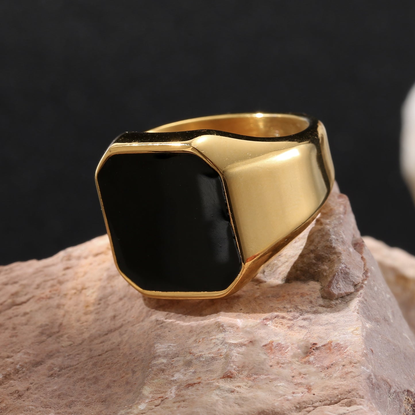 LNCHRAN Golden Plated Unisex Signet Ring with Black Enamel Inlay Minimalist Daily Jewelry