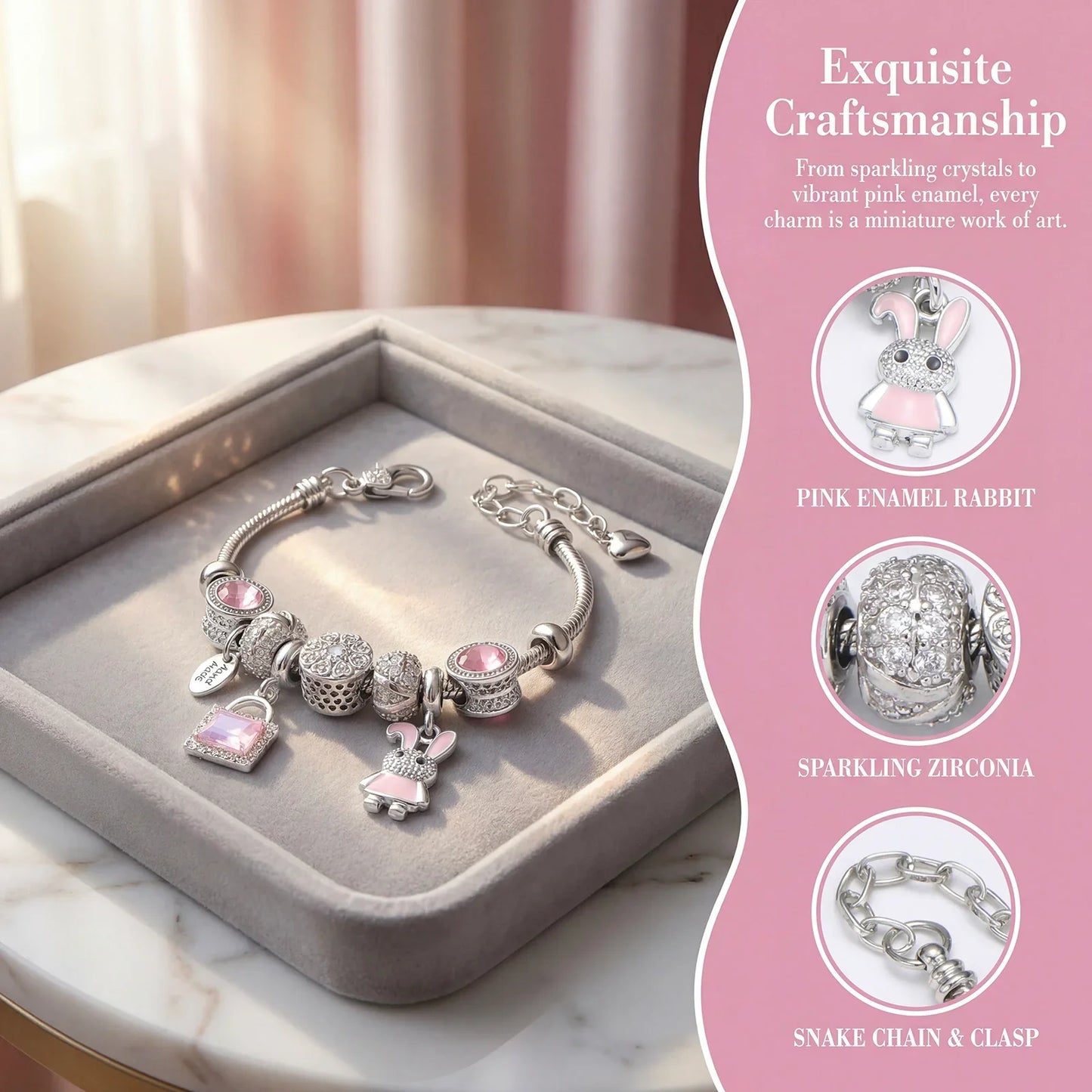 Elegant charm bracelet with pink enamel rabbit, sparkling zirconia, and snake chain clasp displayed in a jewelry box.