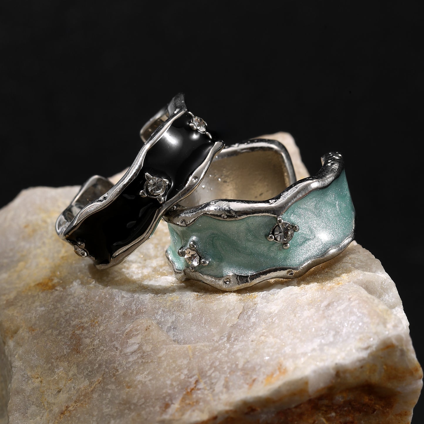LNCHRAN Irregular Enamel Open Ring with Synthetic Zircon Inlay Unisex Jewelry