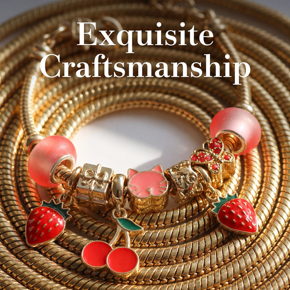 LNCHRAN Golden Plated Charm Bracelet with Strawberry Cherry & Cat Enamel Beads