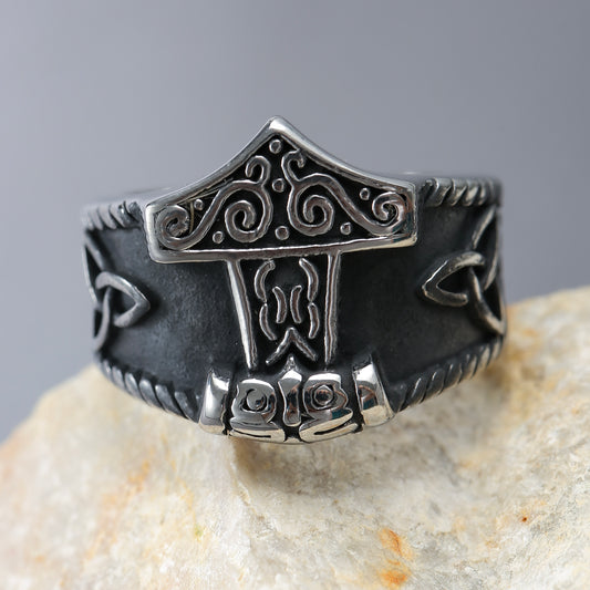 LNCHRAN Viking Thor's Hammer Ring Stainless Steel Norse Mythology Unisex Jewelry