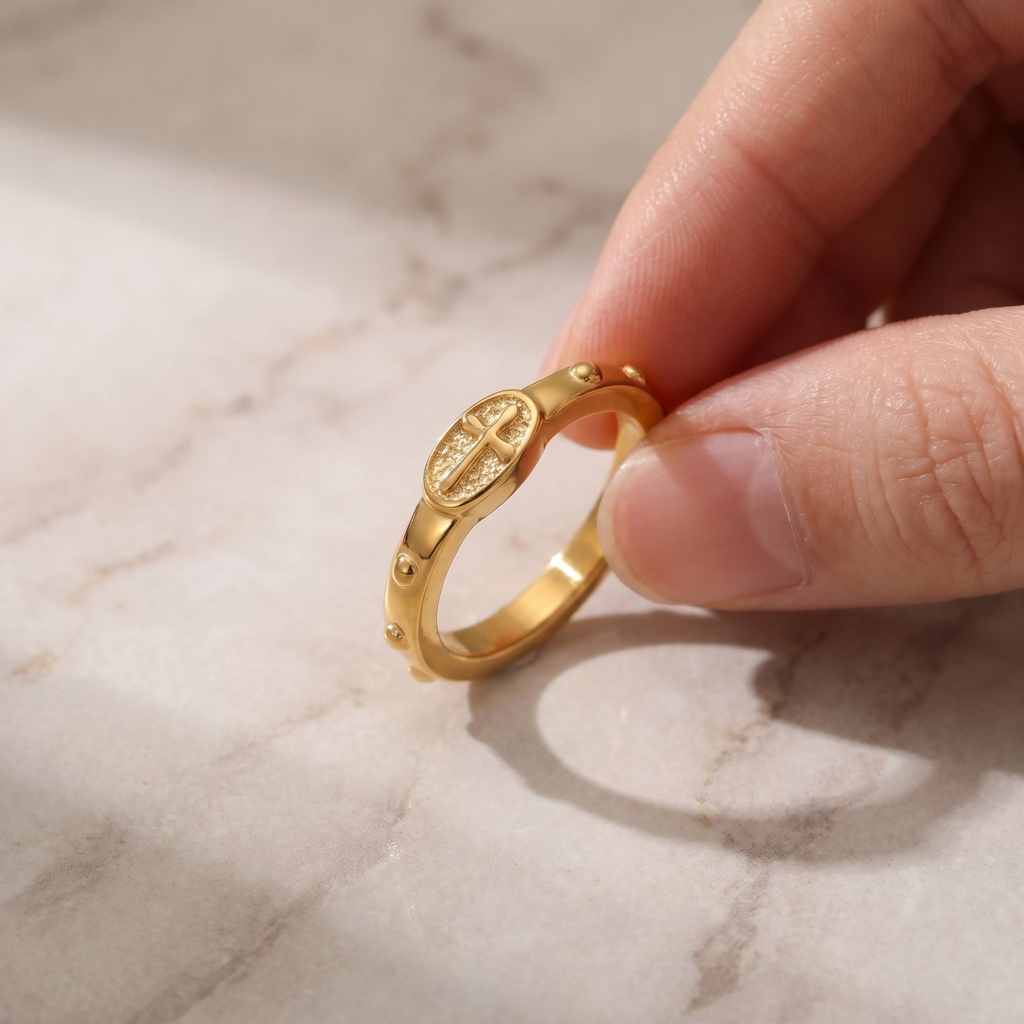 LNCHRAN Golden Plated Rosary Cross Ring Unisex Christian Prayer Jewelry