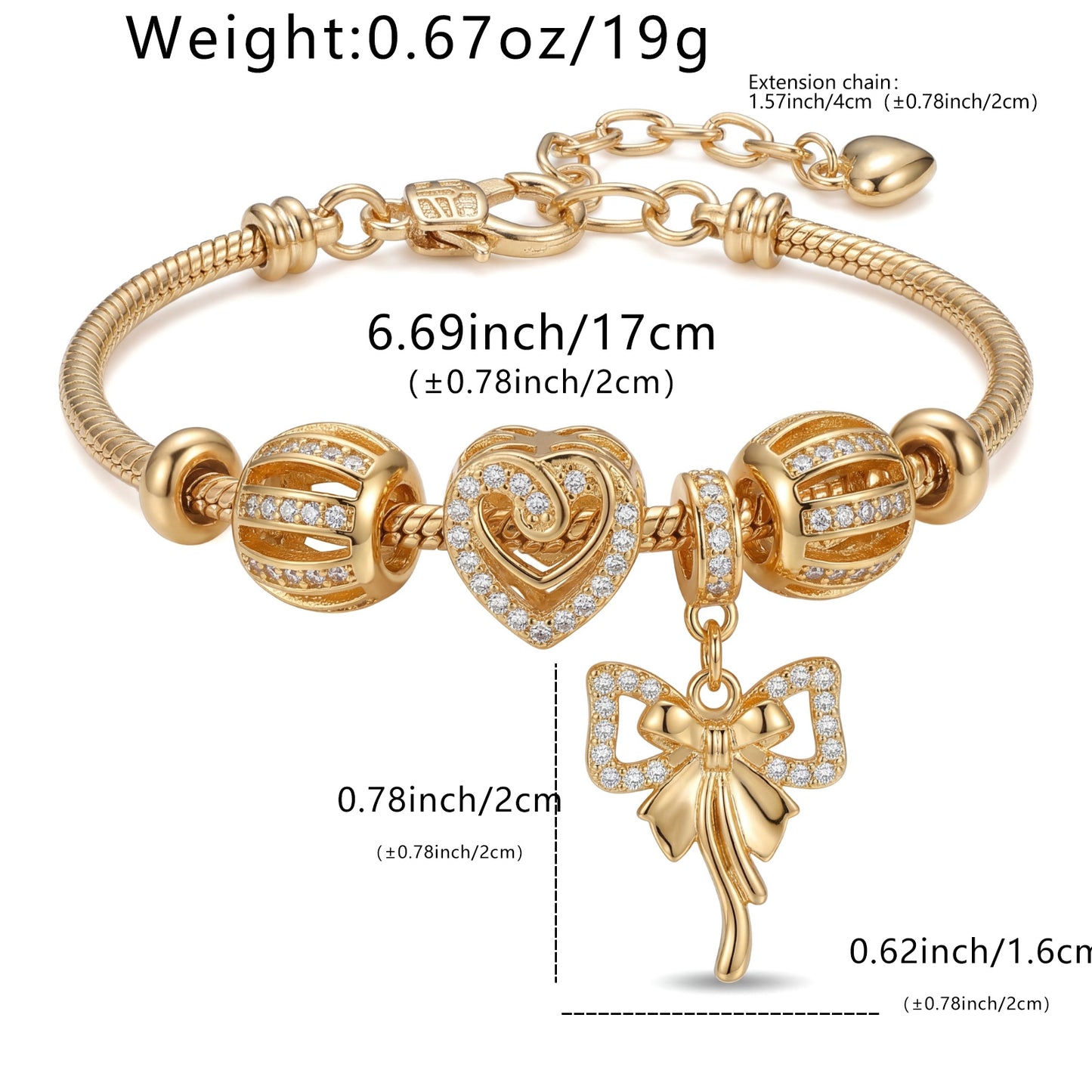 LNCHRAN Golden Plated Charm Bracelet with Heart & Bow Synthetic Zircon Beads