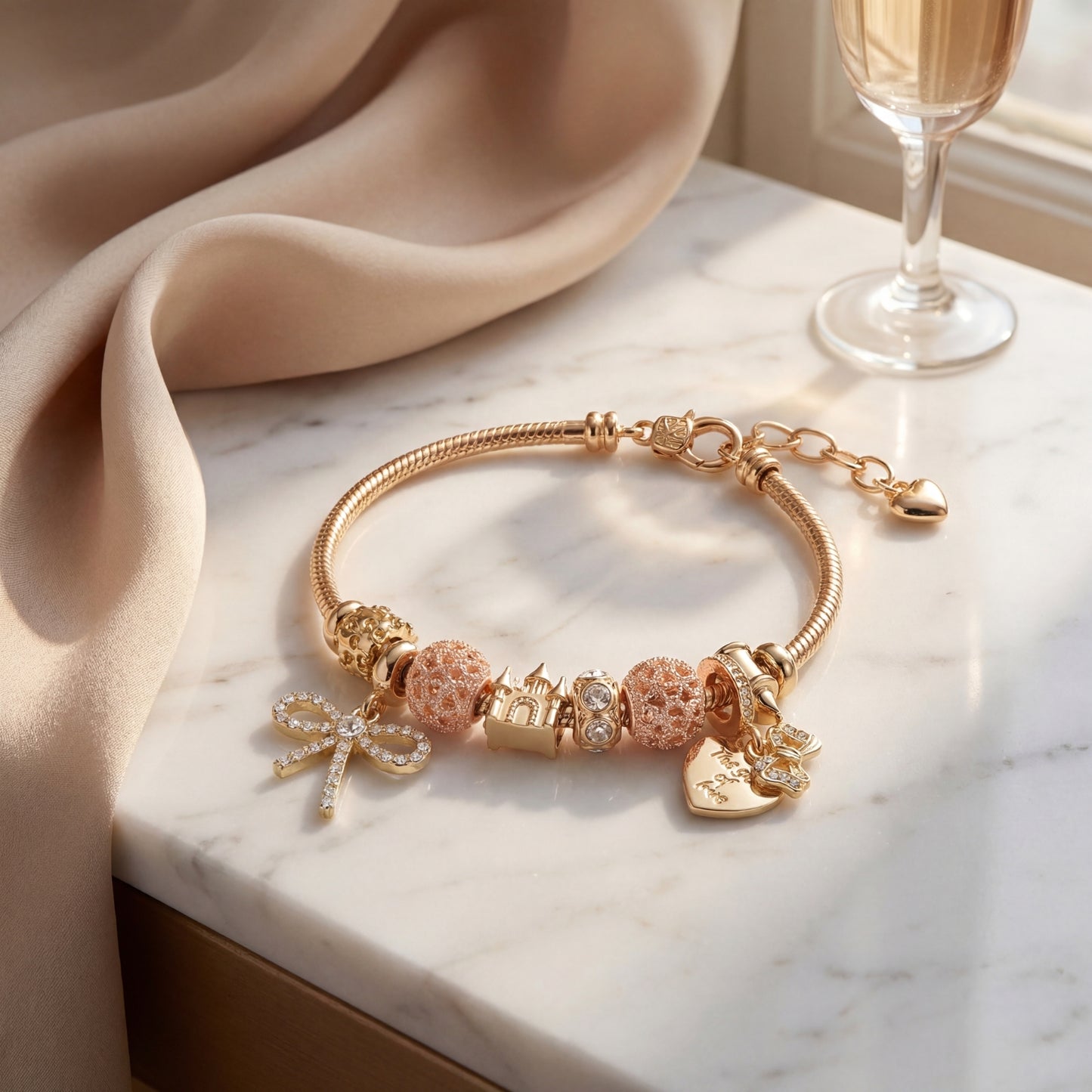 LNCHRAN Golden Plated Fairytale Charm Bracelet with Castle Bow & Heart Synthetic Zircon