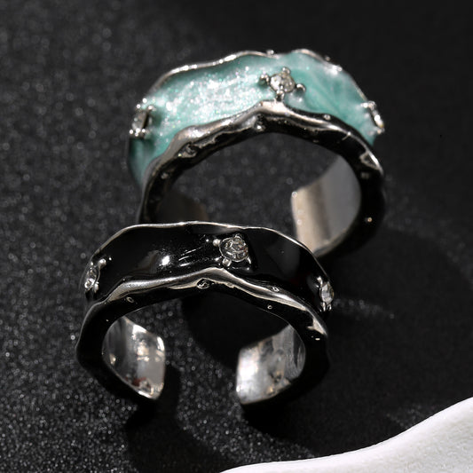 LNCHRAN Irregular Enamel Open Ring with Synthetic Zircon Inlay Unisex Jewelry