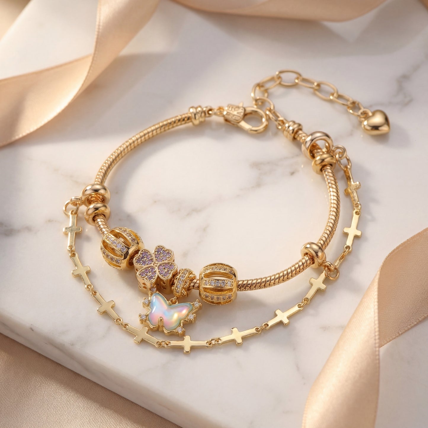 LNCHRAN Golden Plated Butterfly & Clover Charm Bracelet with Cross Chain & Zircon