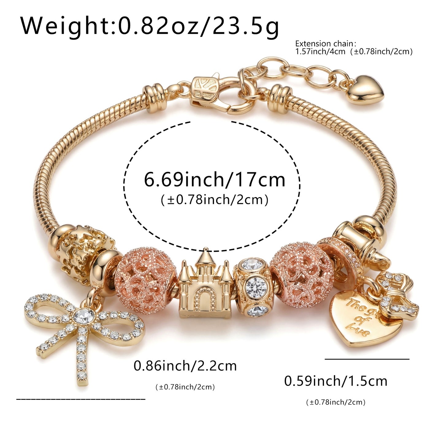 LNCHRAN Golden Plated Fairytale Charm Bracelet with Castle Bow & Heart Synthetic Zircon