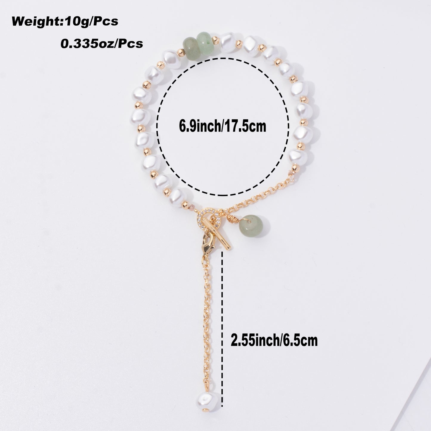 LNCHRAN Golden Plated Faux Pearl Bracelet with Green Stone and Synthetic Zircon Toggle