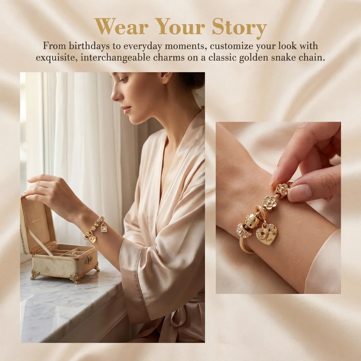 Woman wearing a gold snake chain charm bracelet with elegant, interchangeable charms.