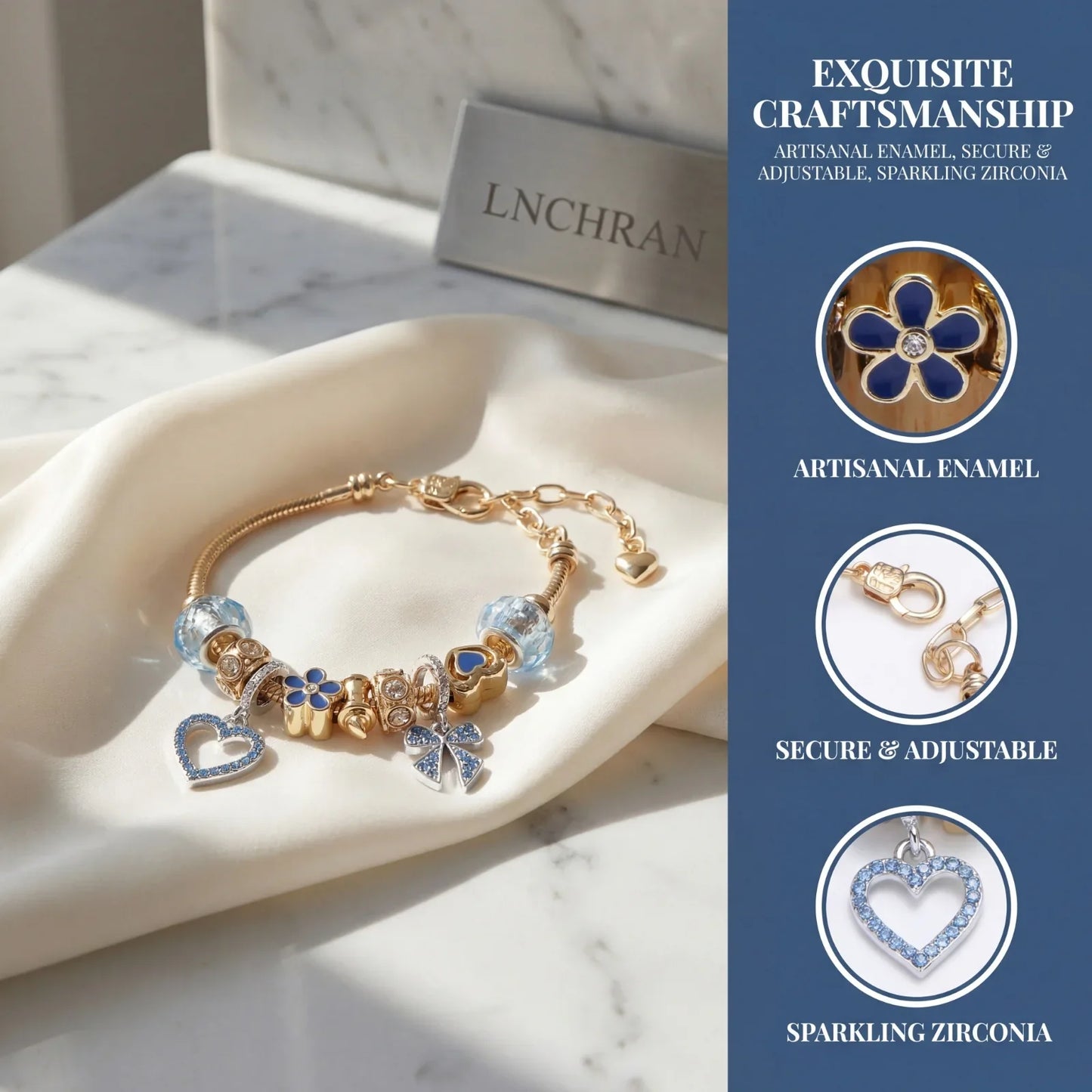 Gold charm bracelet with blue enamel, sparkling zirconia, and heart pendants on marble