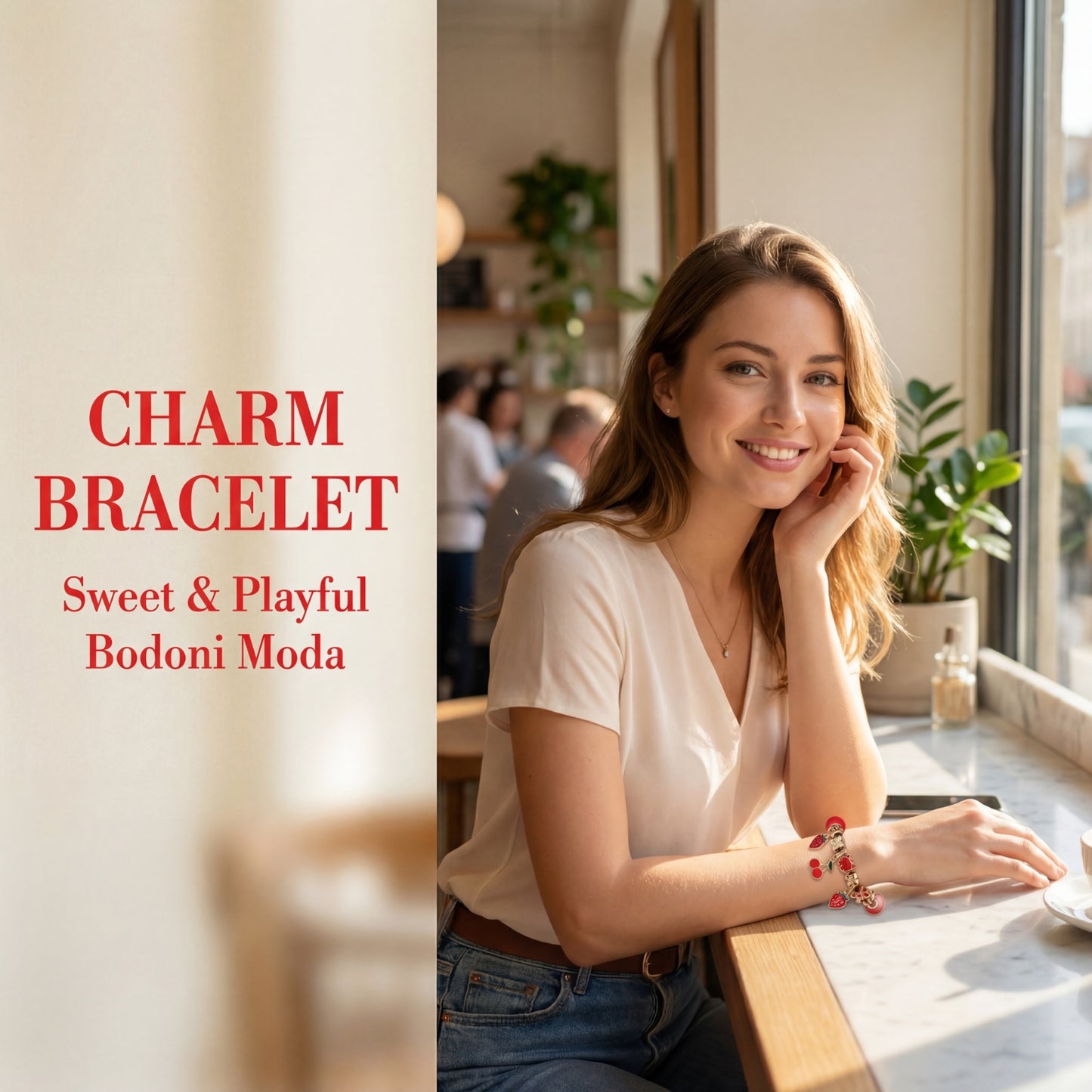 LNCHRAN Golden Plated Charm Bracelet with Strawberry Cherry & Cat Enamel Beads