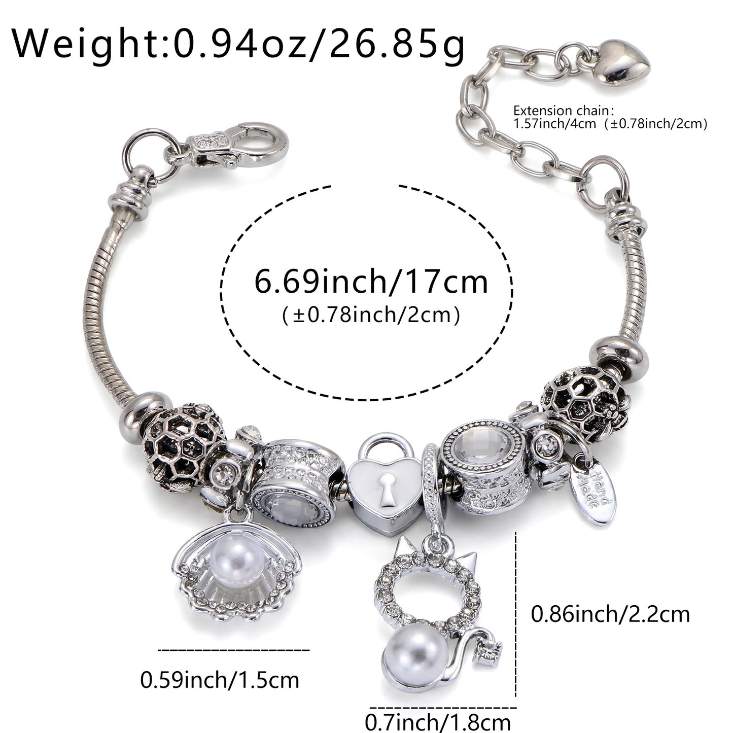 LNCHRAN Silvery Plated Charm Bracelet with Shell Cat & Lock Synthetic Pearl & Zircon