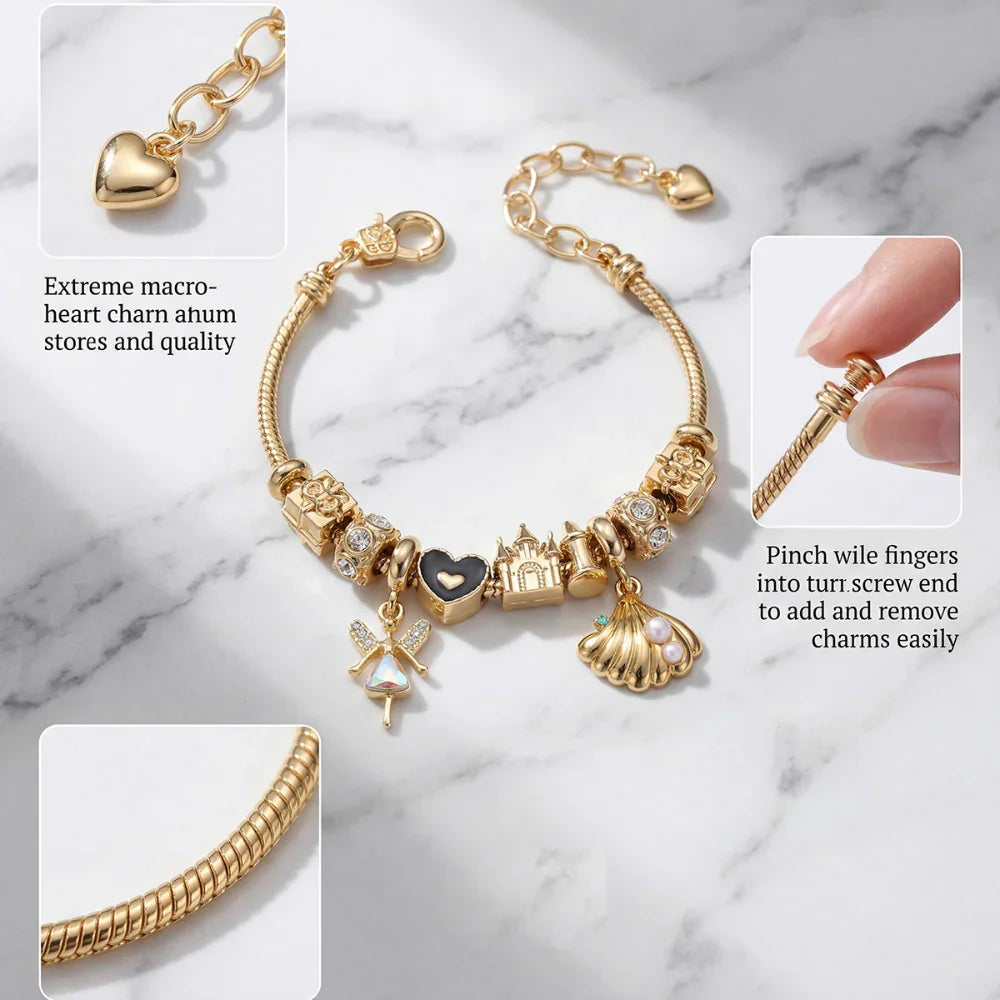 Gold charm bracelet with heart, fairy, castle, shell and crystal charms on marble background