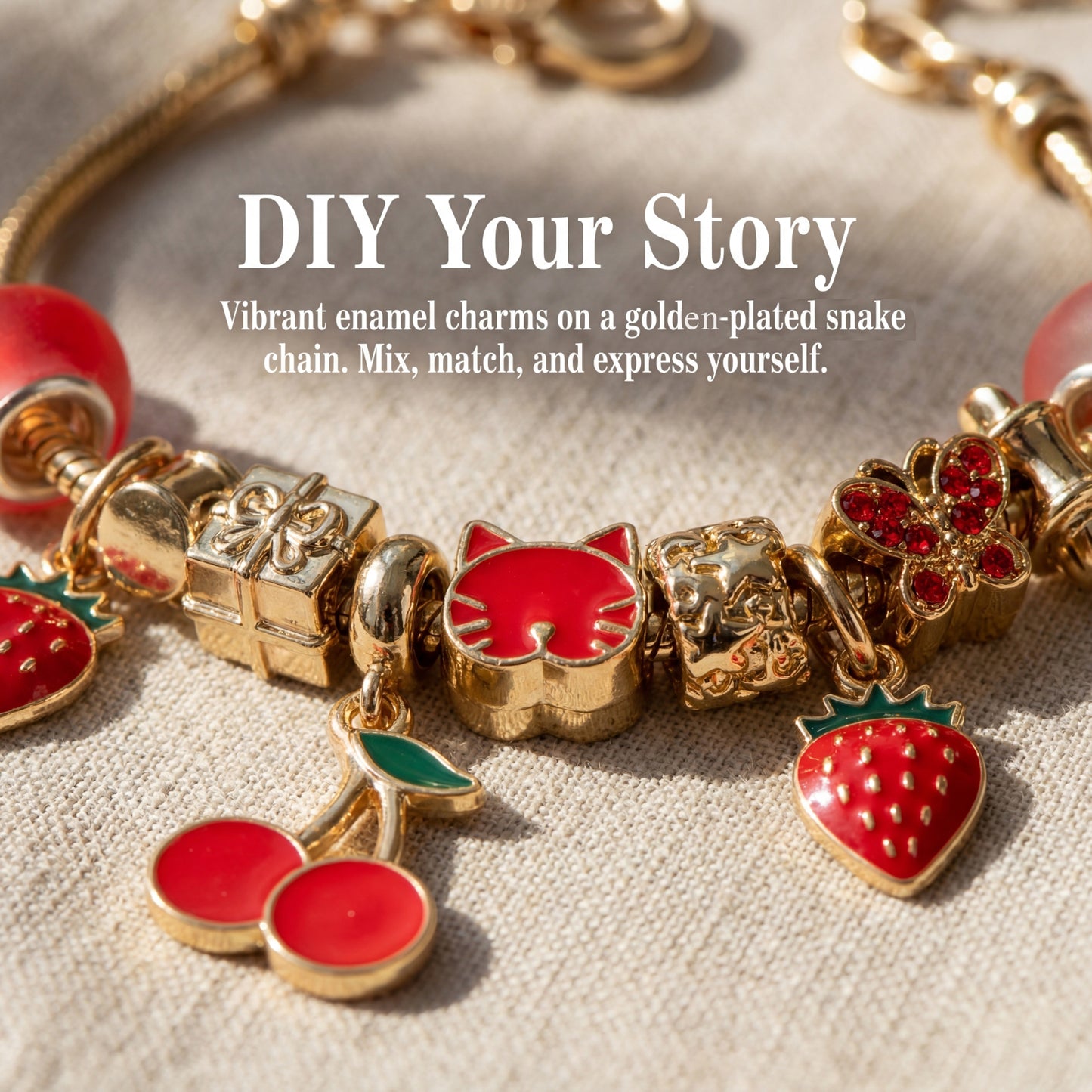 LNCHRAN Golden Plated Charm Bracelet with Strawberry Cherry & Cat Enamel Beads