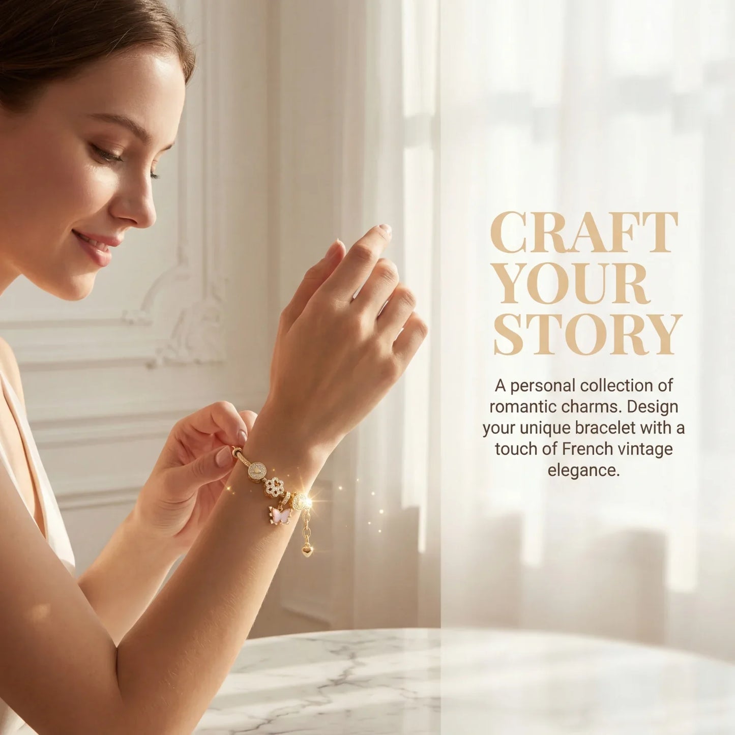 Woman wearing gold charm bracelet with romantic, vintage-inspired jewelry in elegant setting.