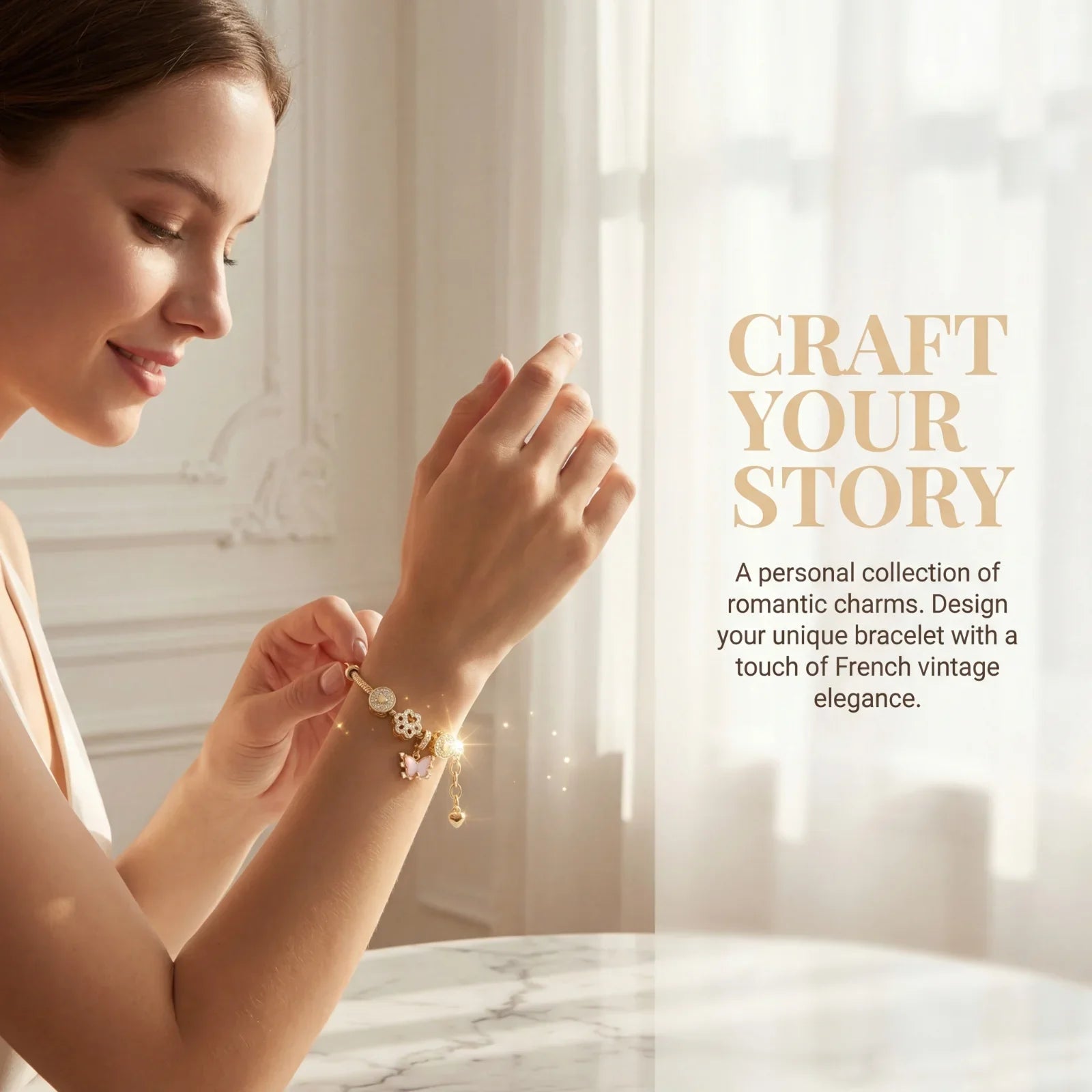 Woman wearing gold charm bracelet with romantic, vintage-inspired jewelry in elegant setting.