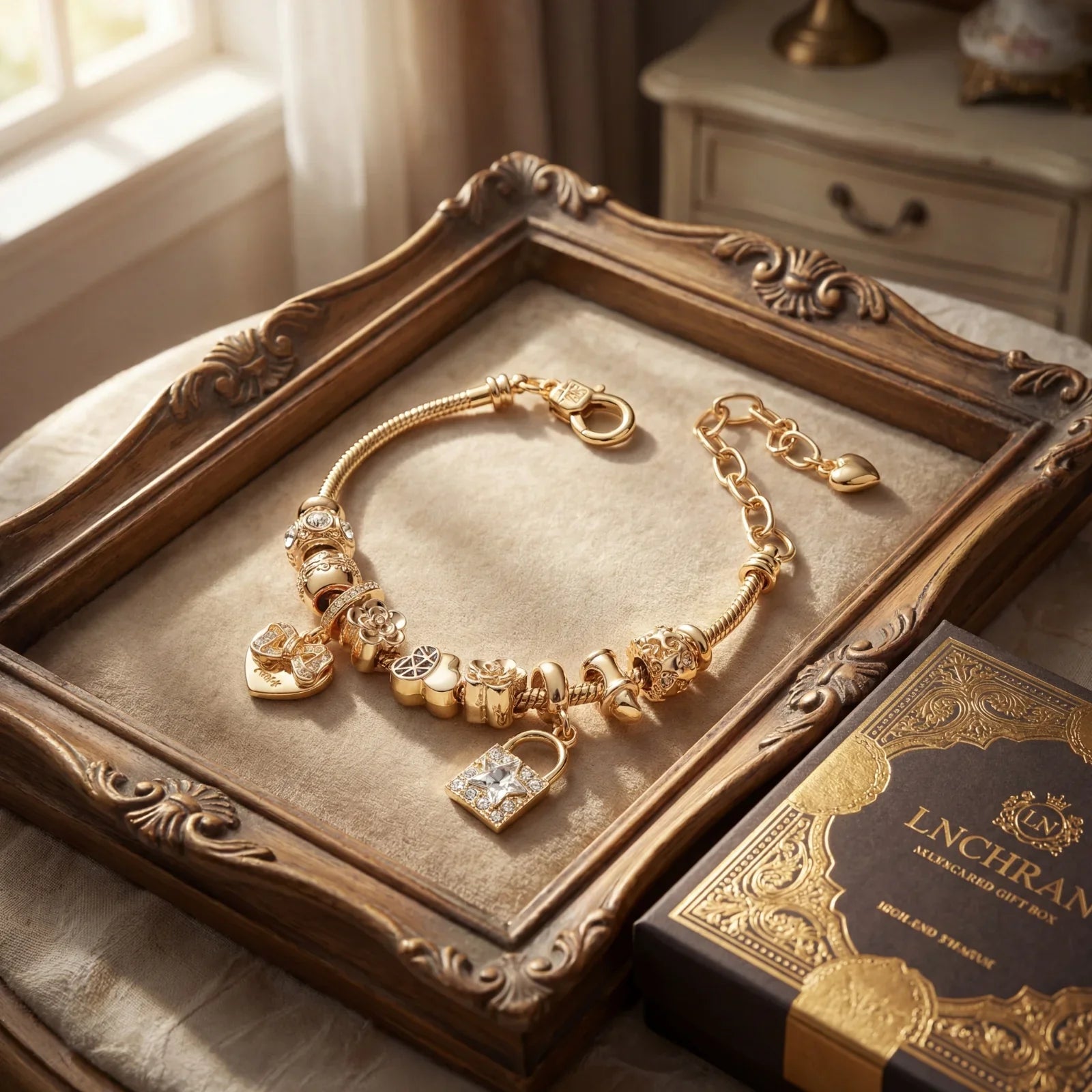 Gold charm bracelet with heart and lock pendants on elegant tray, luxury jewelry gift