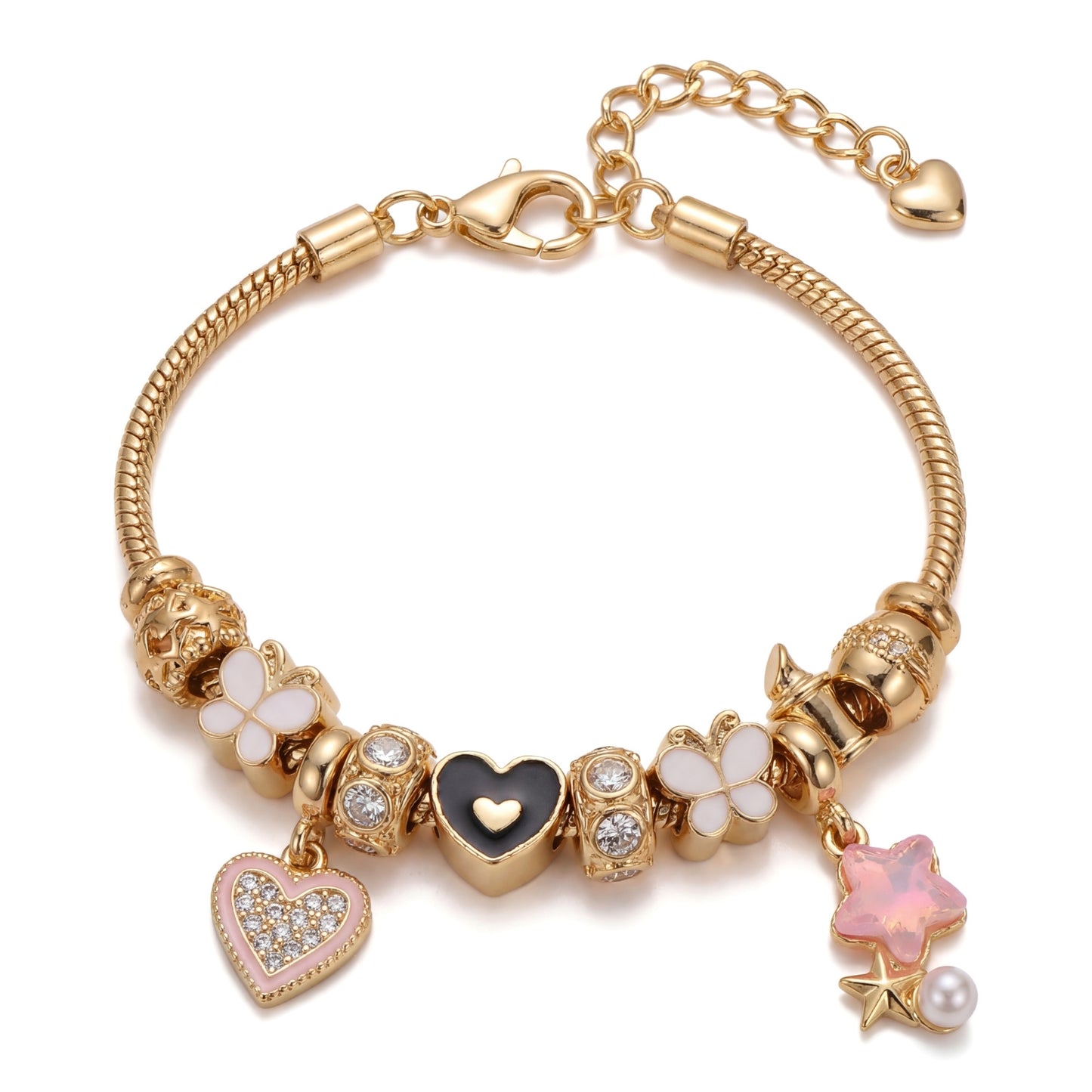 LNCHRAN Golden Plated Charm Bracelet with Heart Clover & Pink Star Synthetic Zircon