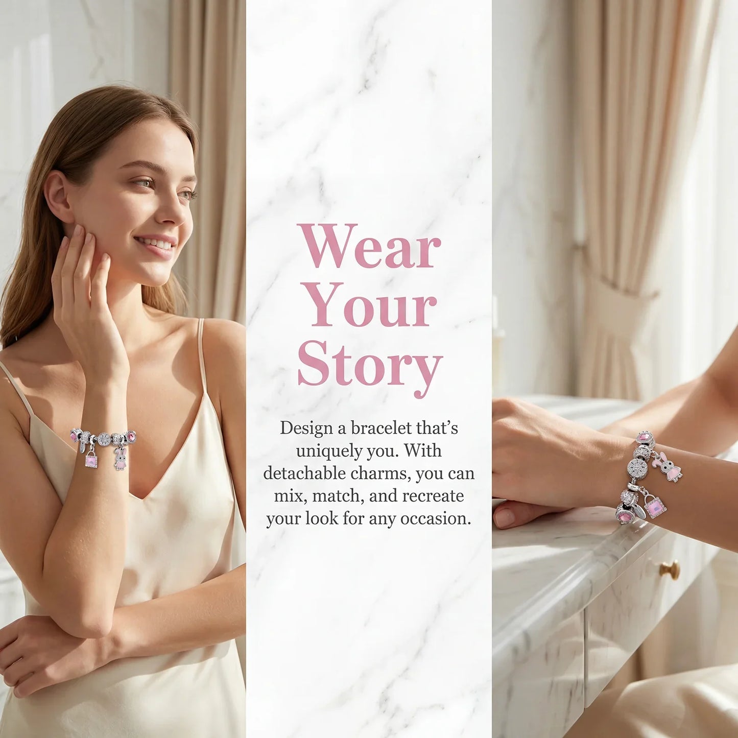 Woman wearing elegant charm bracelet with detachable charms, sitting in sunlit room