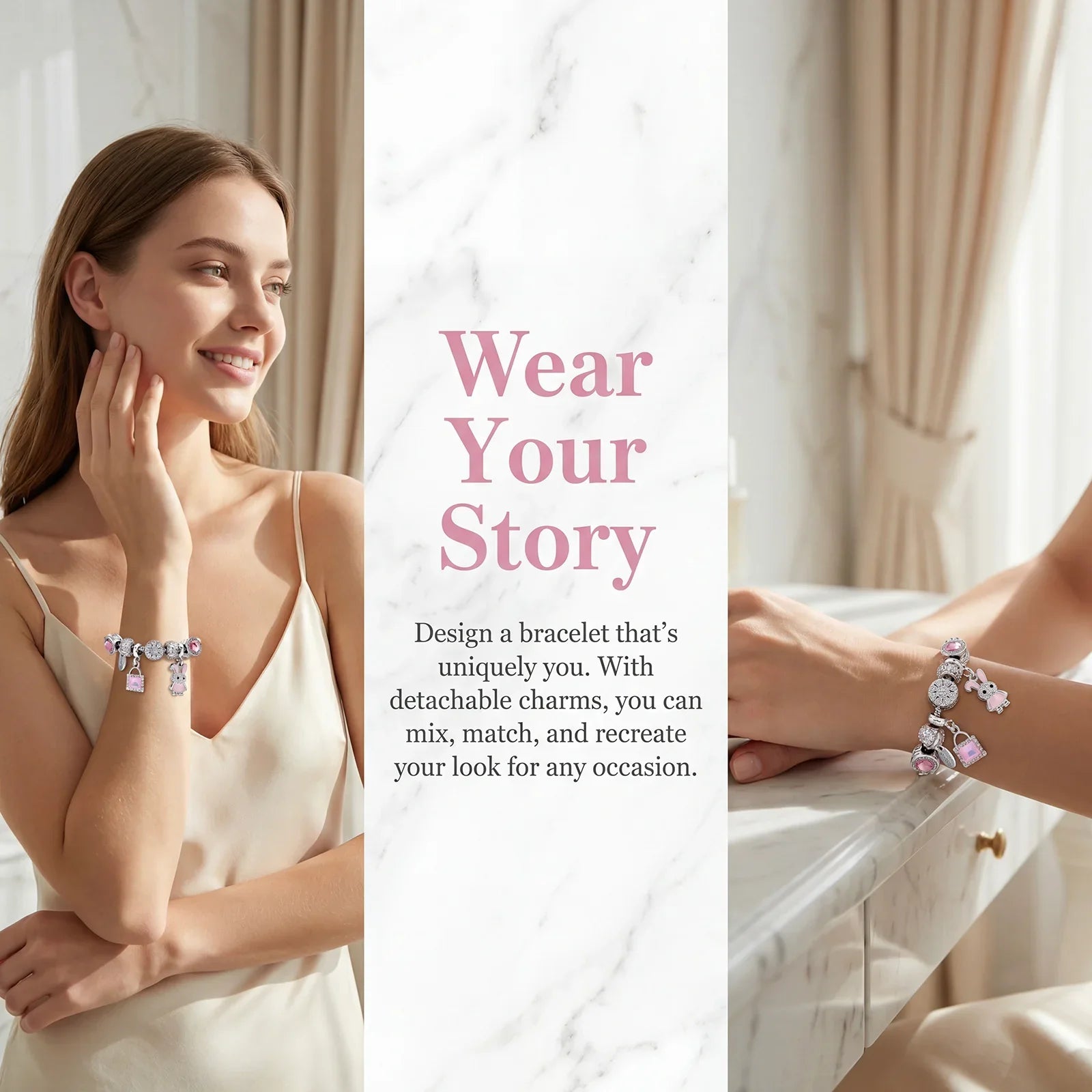 Woman wearing elegant charm bracelet with detachable charms, sitting in sunlit room