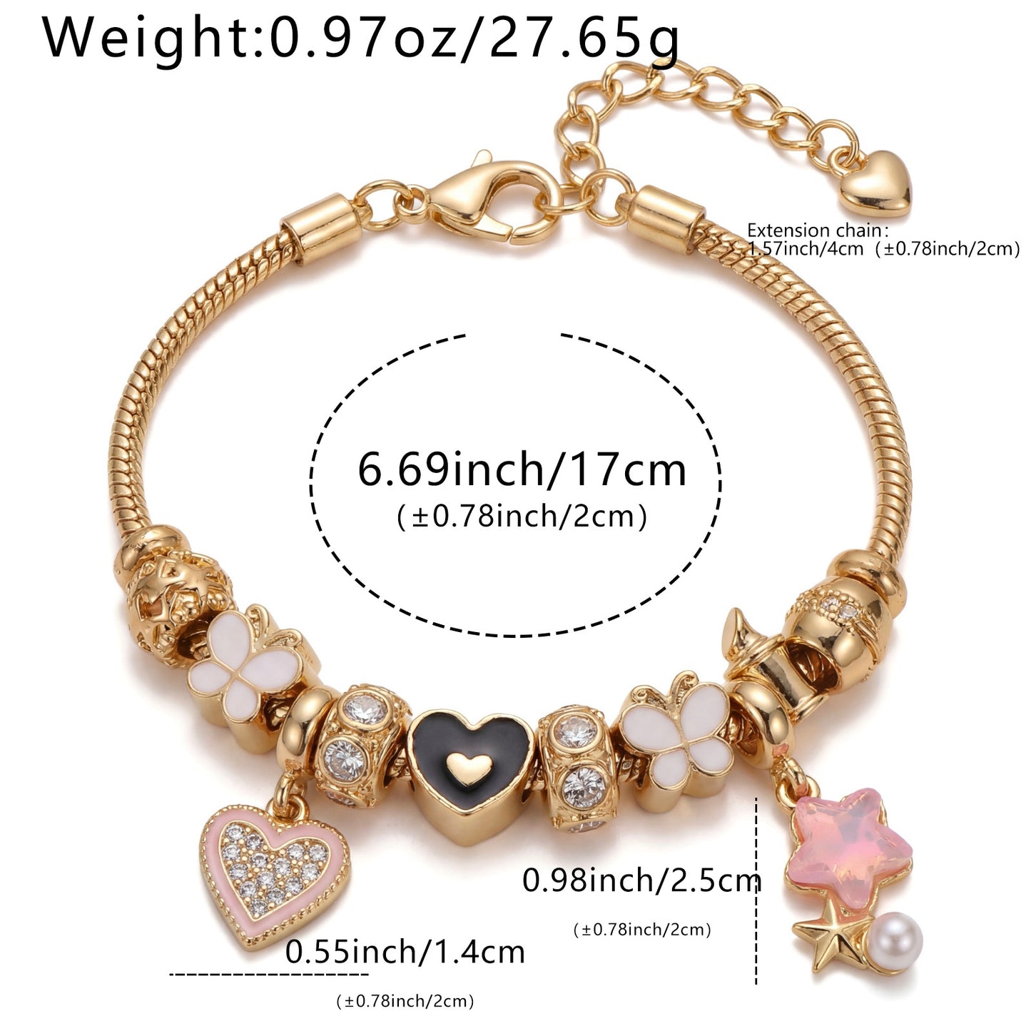 LNCHRAN Golden Plated Charm Bracelet with Heart Clover & Pink Star Synthetic Zircon