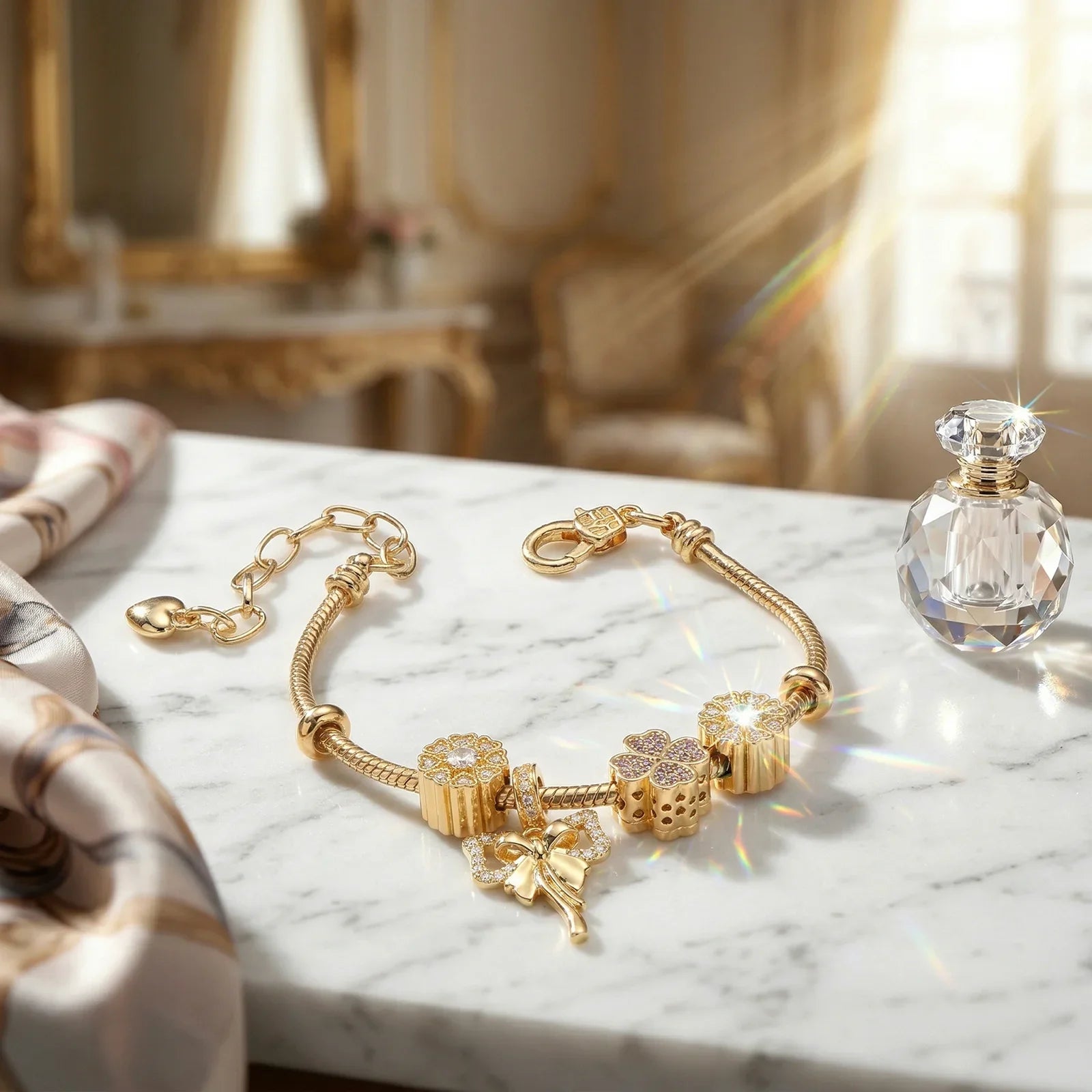 Gold charm bracelet with diamond accents on marble table next to crystal perfume bottle