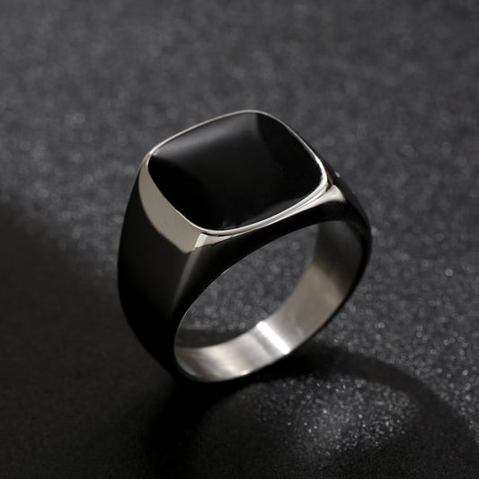 LNCHRAN Unisex Black Enamel Signet Ring in Stainless Steel Minimalist Jewelry