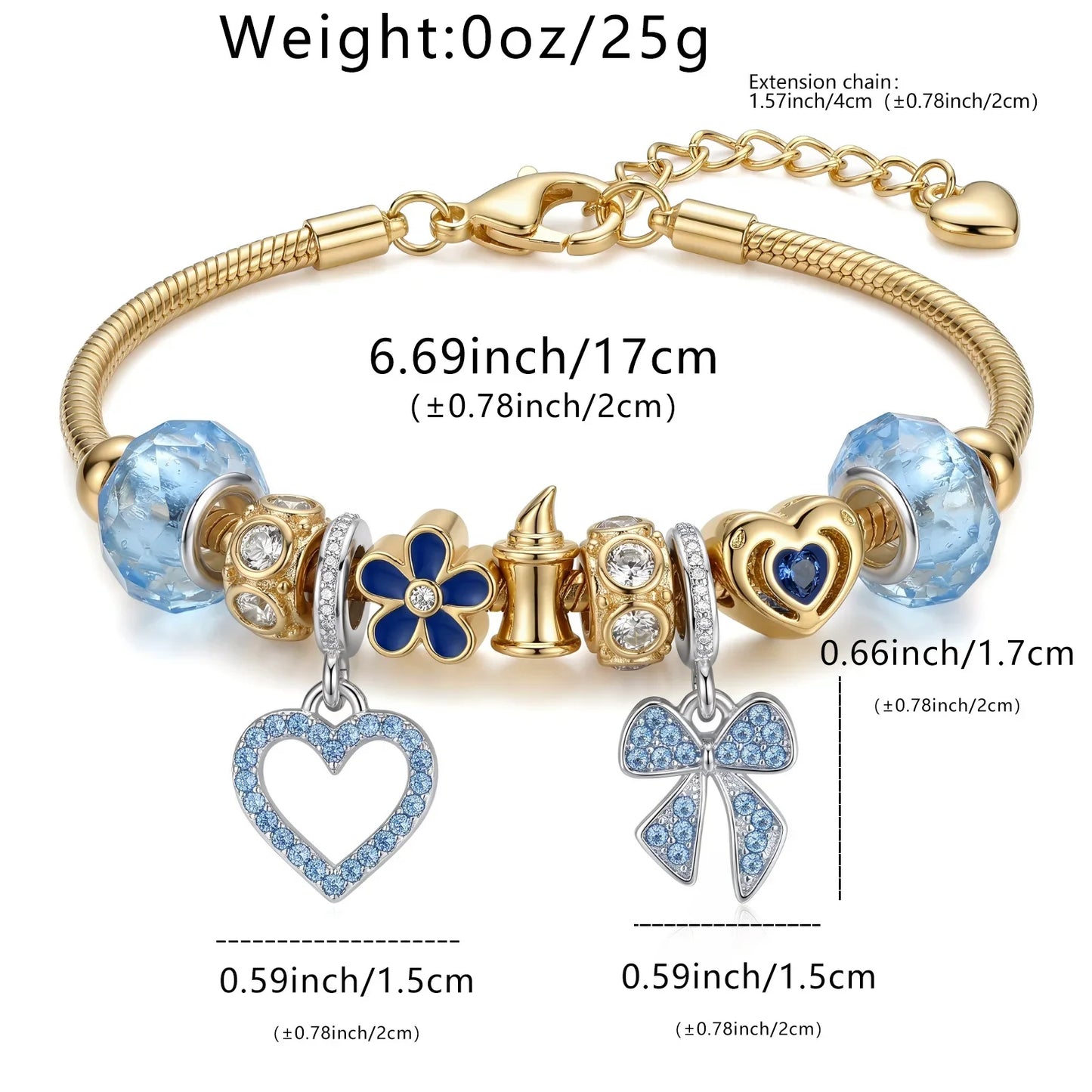 Gold charm bracelet with blue glass beads, heart and bow pendants, crystal accents, 17cm length.