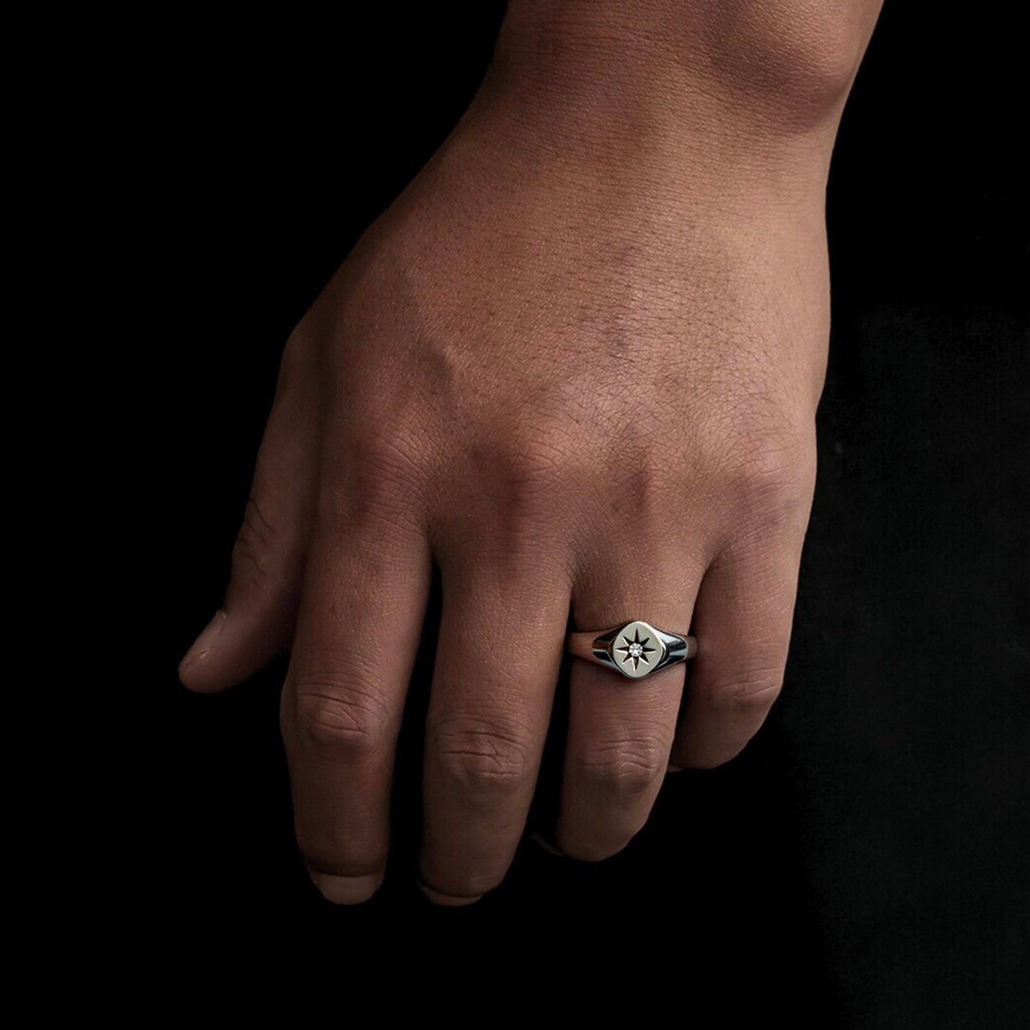 LNCHRAN Stainless Steel North Star Signet Ring with Synthetic Zircon Inlay