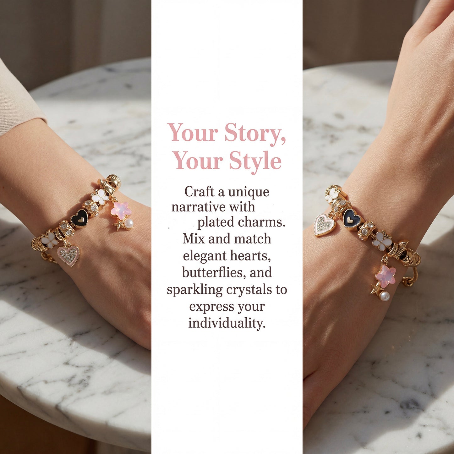 LNCHRAN Golden Plated Charm Bracelet with Heart Clover & Pink Star Synthetic Zircon