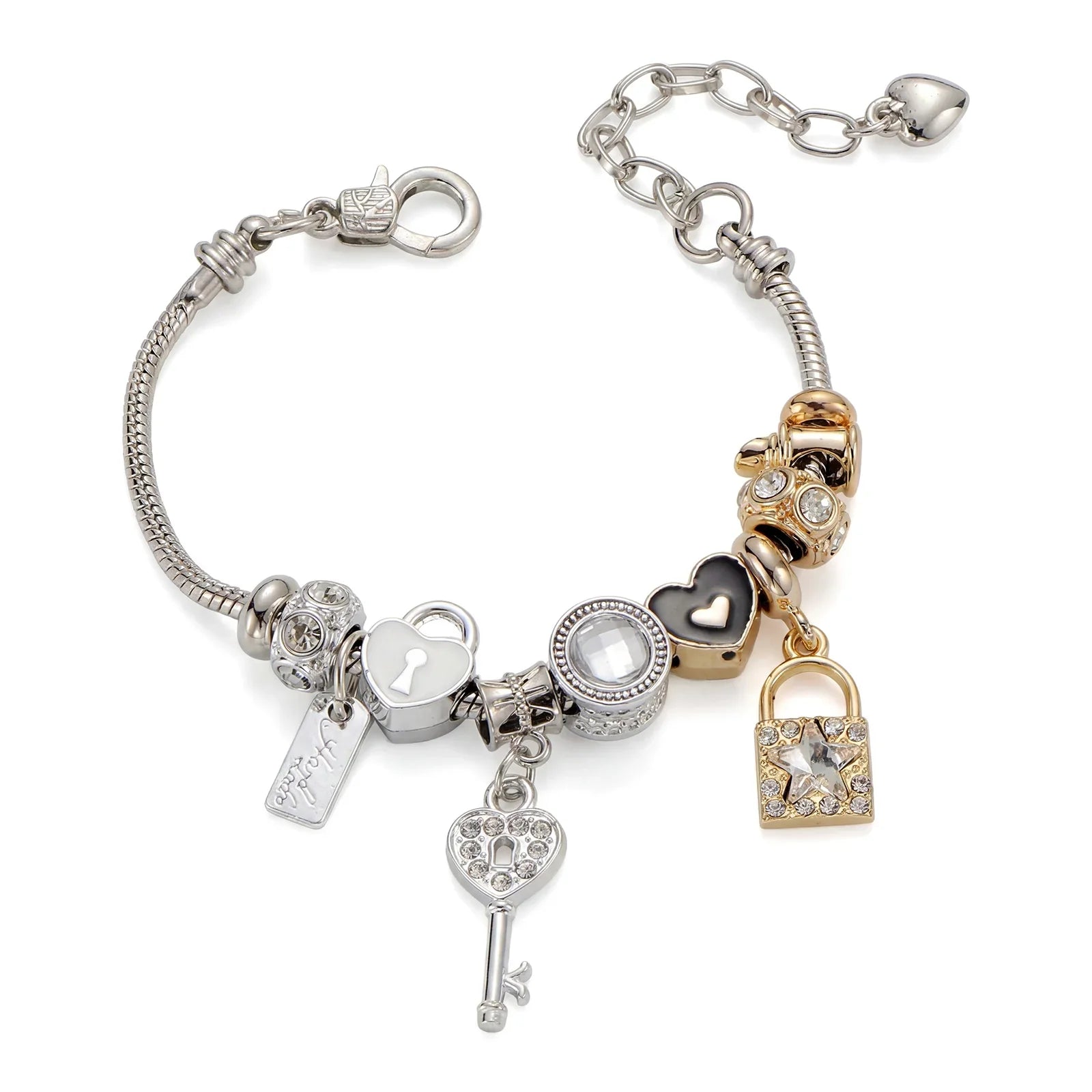 Silver charm bracelet with heart, lock, and key pendants, adorned with clear gemstones.