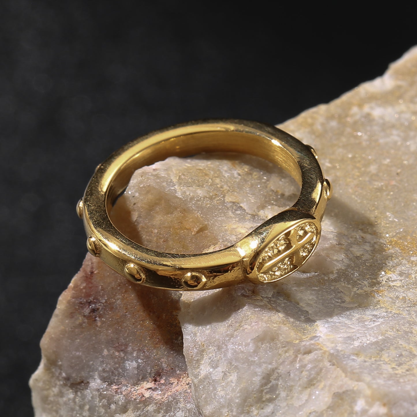 LNCHRAN Golden Plated Rosary Cross Ring Unisex Christian Prayer Jewelry