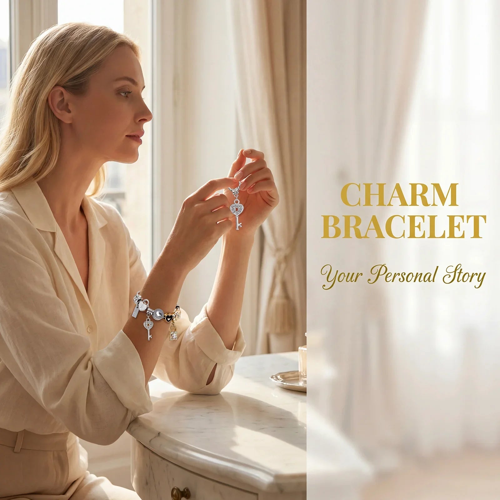 Woman wearing an elegant charm bracelet with key and gemstone charms in a softly lit room.