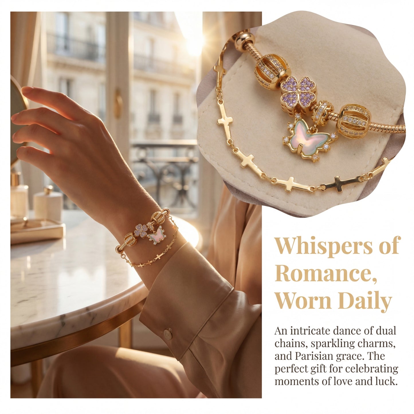 LNCHRAN Golden Plated Butterfly & Clover Charm Bracelet with Cross Chain & Zircon