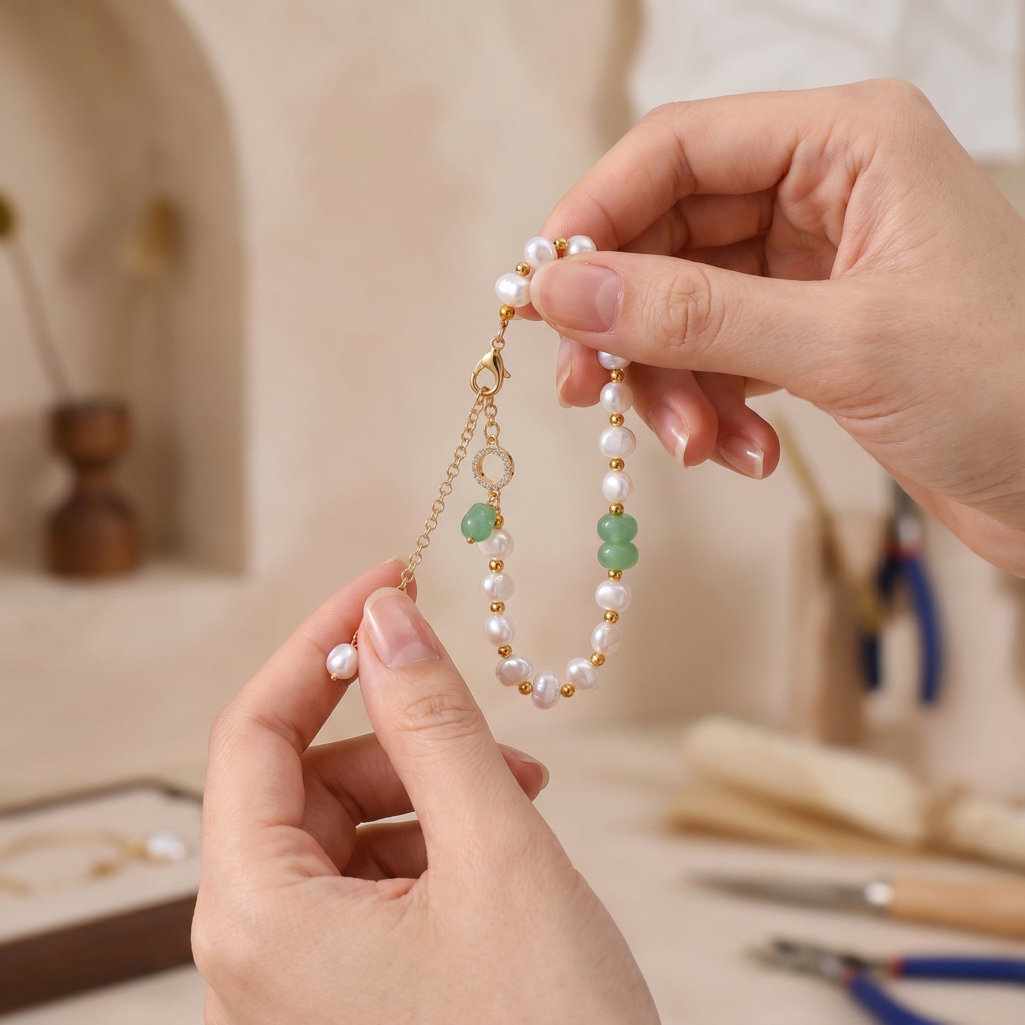 LNCHRAN Golden Plated Faux Pearl Bracelet with Green Stone and Synthetic Zircon Toggle