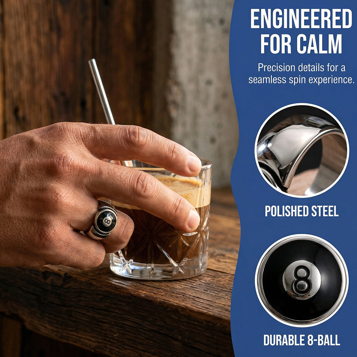 LNCHRAN 8 Ball Spinner Ring Stainless Steel Unisex Fidget Statement Jewelry