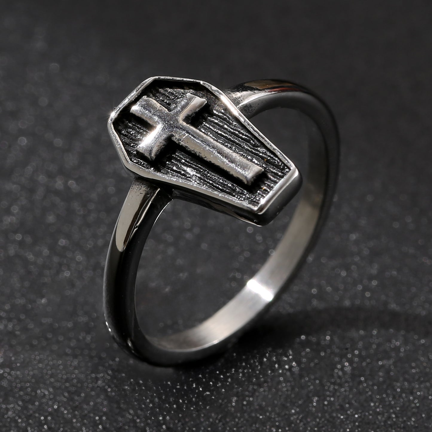 LNCHRAN Stainless Steel Coffin Cross Ring Gothic Unisex Statement Jewelry