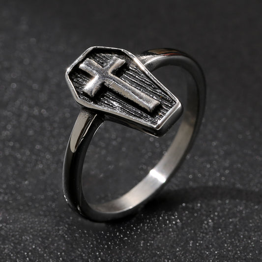 LNCHRAN Stainless Steel Coffin Cross Ring Gothic Unisex Statement Jewelry