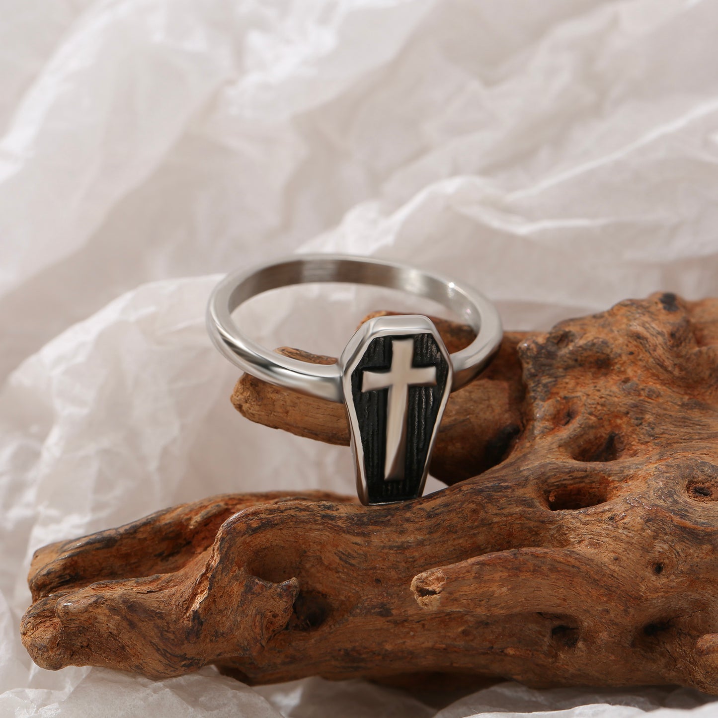 LNCHRAN Stainless Steel Coffin Cross Ring Gothic Unisex Statement Jewelry