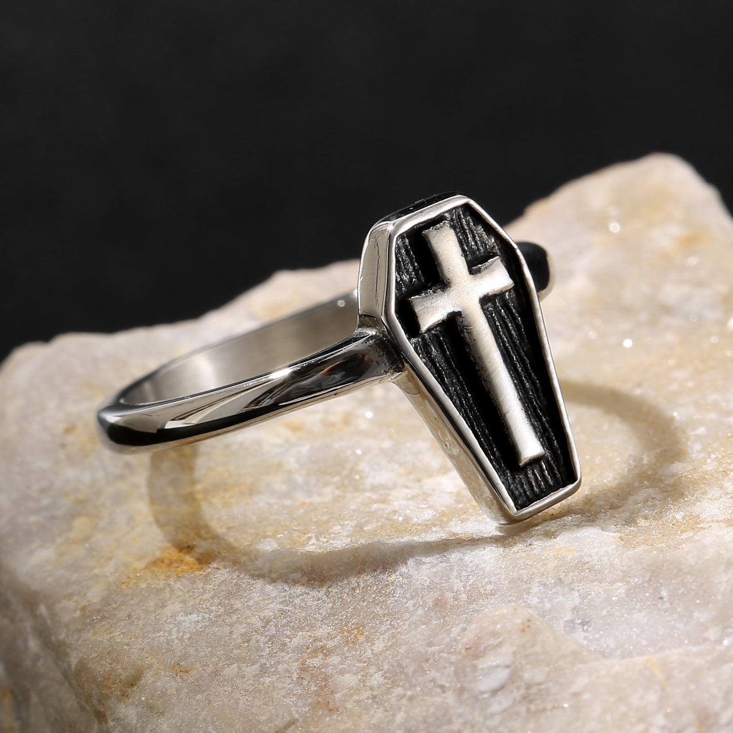 LNCHRAN Stainless Steel Coffin Cross Ring Gothic Unisex Statement Jewelry